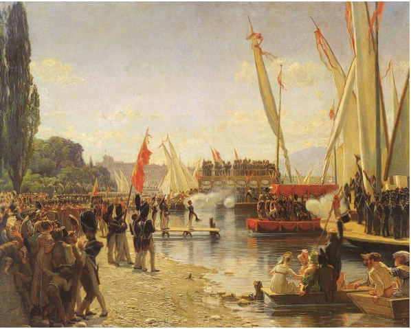 Image internet. Peinture de F. Dufaux. L'arrivée des troupes suisses à Cologny. 1er juin 1814